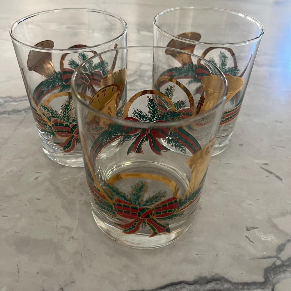 Set of 3 Vintage Culver Yule Horn Glasses 22kt Gold Christmas Tumblers